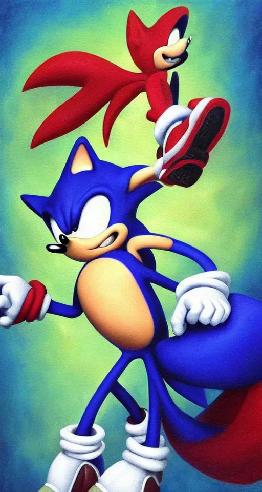 Prompt: sonic the hedgehog studious portrait painting, chiaroscuro, oil painting