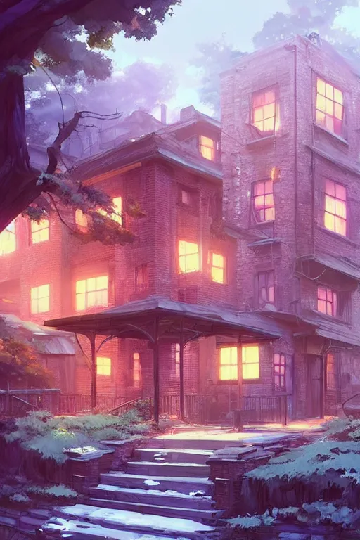 Image similar to (((((a ramshackle manhattan brick brownstone deep in the forest))))) by Makoto Shinkai!!!!!!!!!!!!!!!!!!!!!!!!!!!