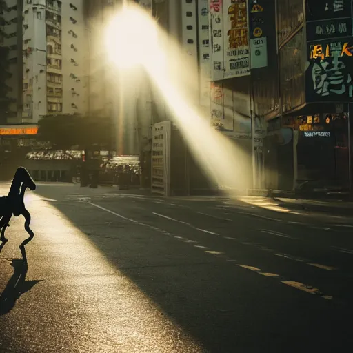 Image similar to a velociraptor walking through kowloon, hong kong. sunbeams, cinematic shot