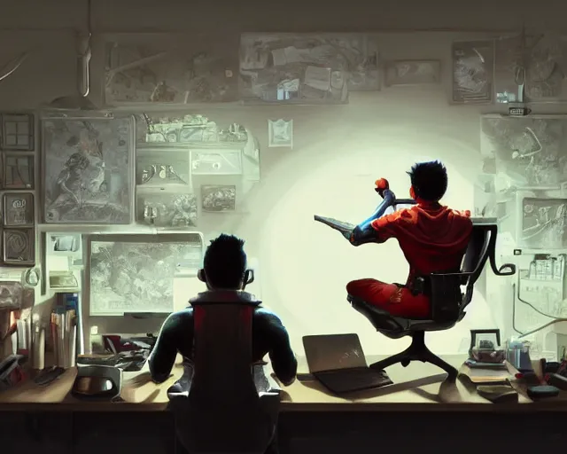 Image similar to an insanely detailed painting of a nerdy asian man wearing a superhero costume, sitting at a desk, staring at the nervously at the computer and typing, in the style of peter mohrbacher, dramatic lighting and composition, octane render, pixar, trending on artstation, concept art, comic book, view from behind