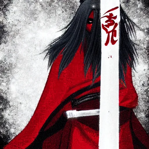 Image similar to samarai cloaked in white with swords, standing in light beam of a dark cave, ruby red sorrow, high quality, ultra detail