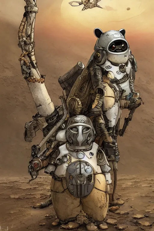 Image similar to anthropomorphic rodent with white and black ancestral ornate japanese tactical gear on an abandonment desert planet, high intricate details, long shot, rule of thirds, golden ratio, graphic novel by fiona staples and dustin nguyen, by beaststars and orange, peter elson, alan bean, studio ghibli, makoto shinkai