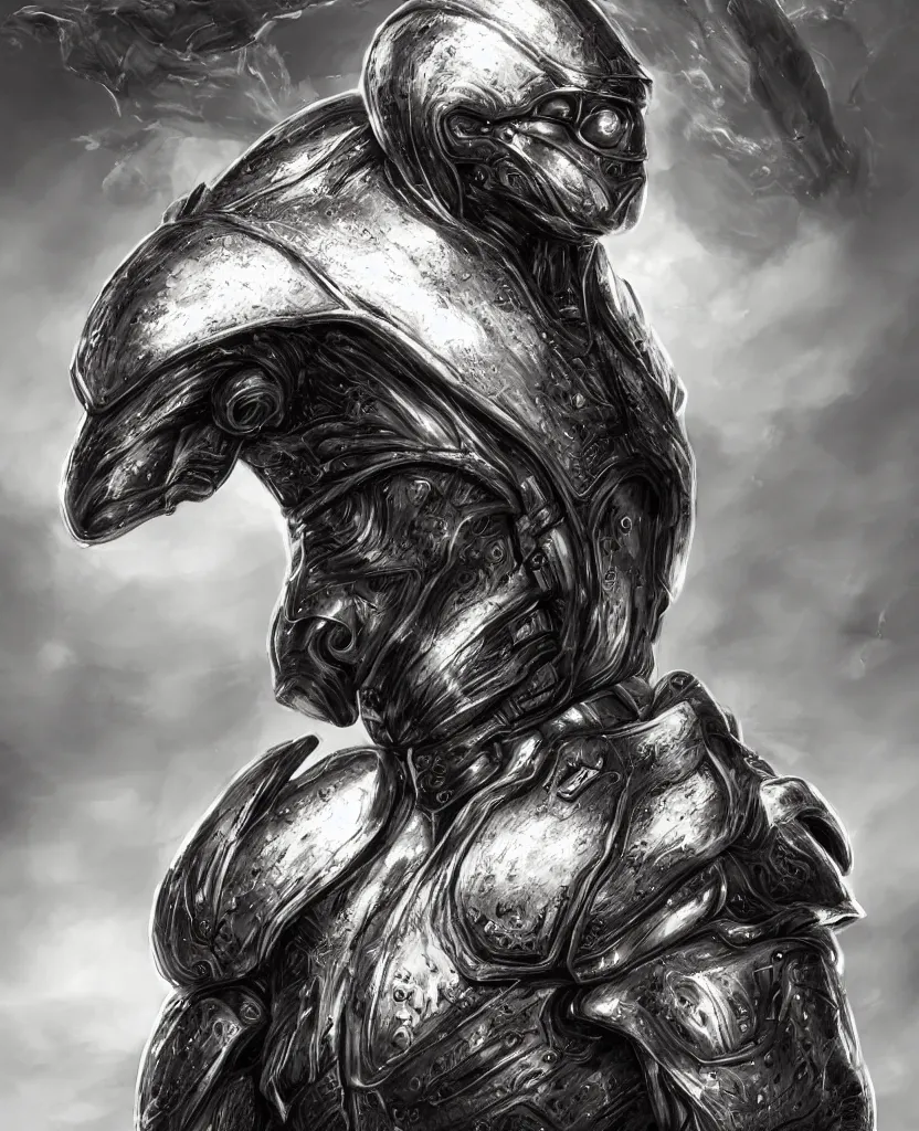 Image similar to a hero portrait of an alien creature with highly detailed features wearing heavy armor, dramatic rim lighting