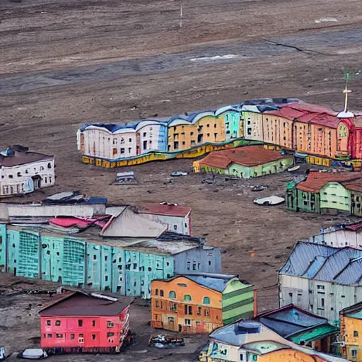 Image similar to flying houses - shaped city street norilsk on moon, city, telephoto, street