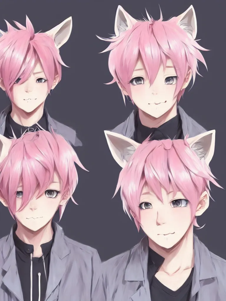 Image similar to character concept art of an cute anime boy with pink hair and pink wolf ears | | cute - fine - face, pretty face, key visual, realistic shaded perfect face, fine details by stanley artgerm lau, wlop, rossdraws, james jean, andrei riabovitchev, marc simonetti, and sakimichan, tranding on artstation