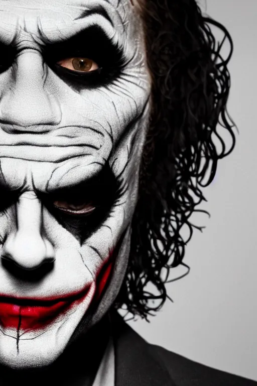 Prompt: a front profile shot of a man wearing the joker makeup 8k, hyperrealism, cinematic lighting