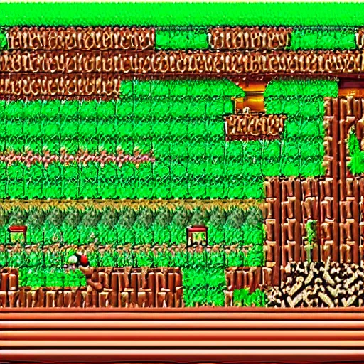 Prompt: detailed screenshot of a forest level in super mario world 2 : yoshi's island ( 1 9 9 5 ) on the super nintendo ( snes ), 1 6 - bit sprites