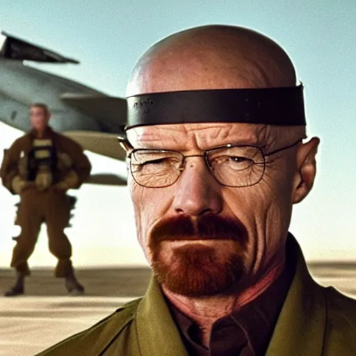 Prompt: still of Walter White as a soldier in the movie Top Gun: Maverick (2022)