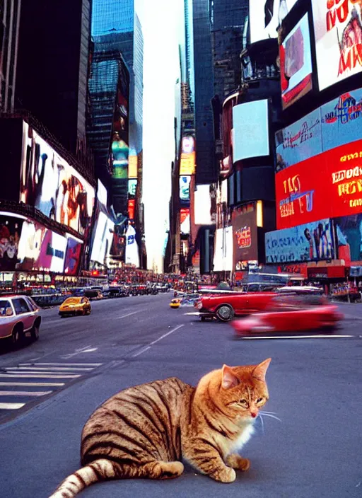 Image similar to a giant cat in times square, cinestill