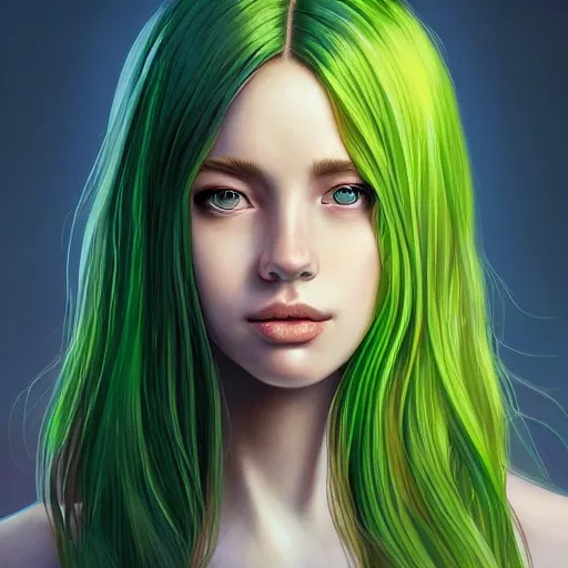 Prompt: a green haired teenager, blue eyes, brown skin, cheeky smile, deep focus, elegant, digital painting, smooth, sharp focus, golden ratio, illustration, ultra realistic, 8 k, art by artgerm and caravaggio