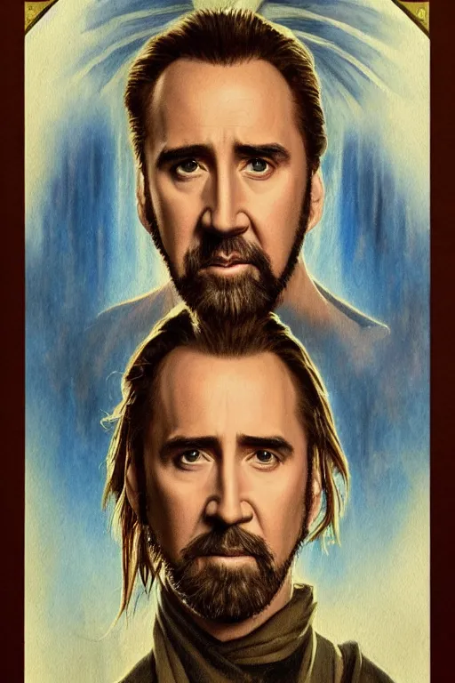 Prompt: a dramatic ethereal epic painting of nicolas cage as qui-gon jinn | tarot card, art deco, art nouveau, realistic | detailed face, cinematic lighting | by Dresden Codak, by Mark Maggiori and Alphonse Mucha | trending on artstation