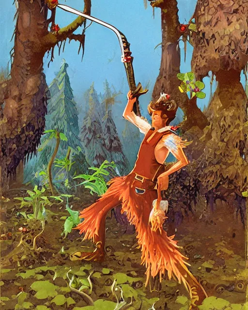 Prompt: moonshine cybin hirsute epic level dnd crick elf spore druid, wielding a magical sword, wearing magical overalls. covered in various fungi. full character concept art, realistic, high detail digital gouache painting by angus mcbride and michael whelan and jeffrey jones.