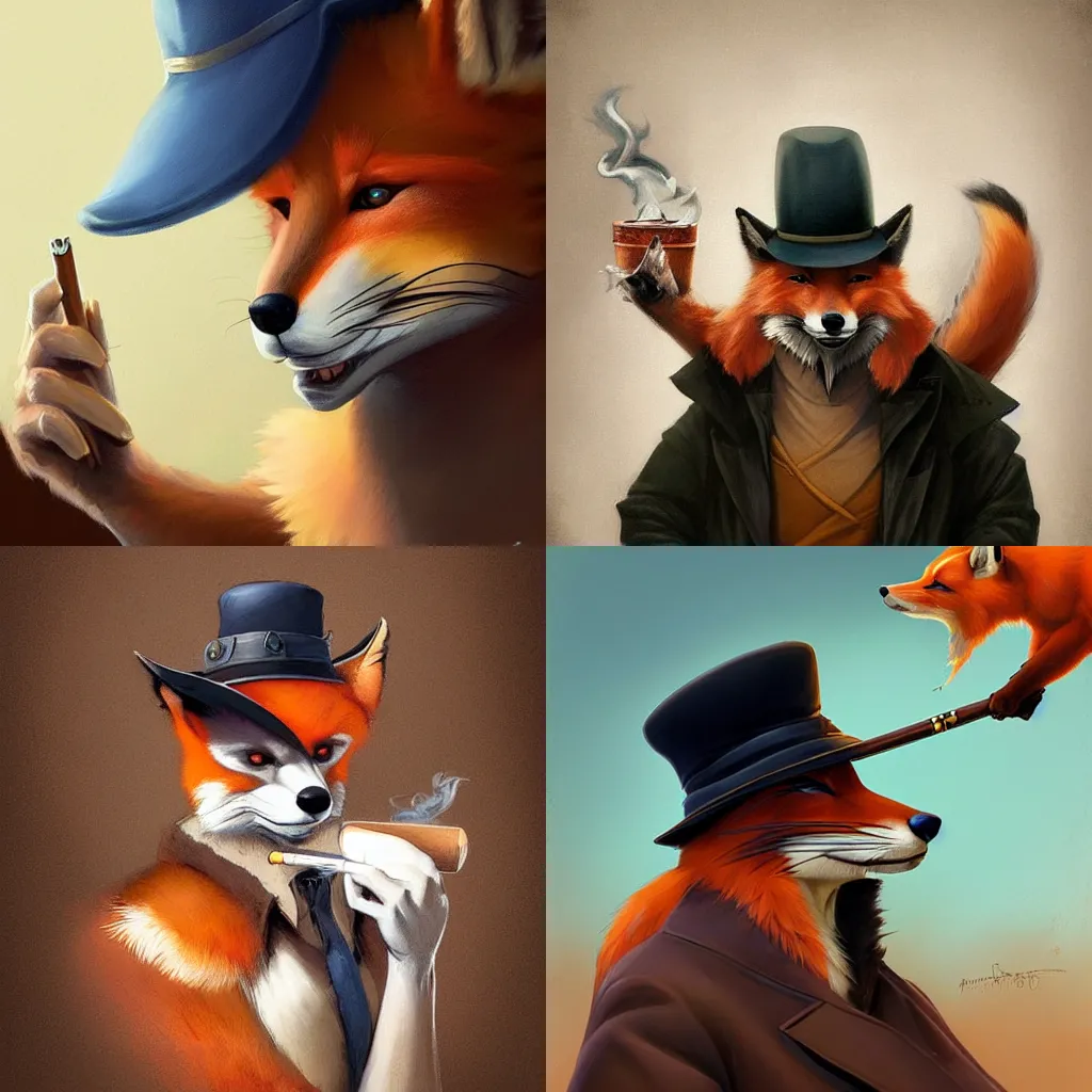 Prompt: A digital painting of a Fox wearing a Mafia Hat while smoking a cigarre, by Stanley Artgerm Lau, frank frazetta, Rossdraws, James Jean, gerald brom, Andrei Riabovitchev, Marc Simonetti, and Sakimichan, trending on artstation, SFW version