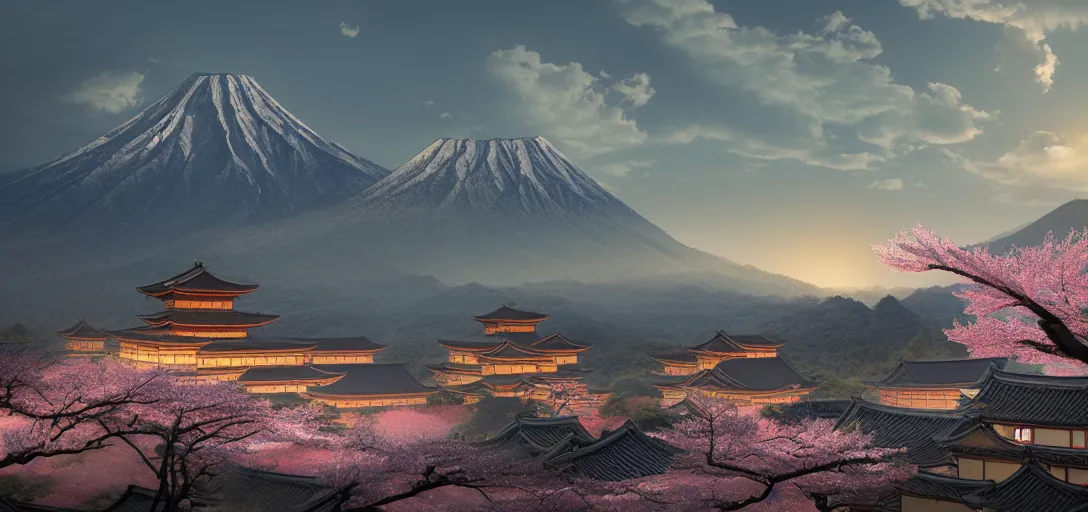 Image similar to very beautiful view of an ancient japanese city at dusk, large temples, cherry blossom trees, mountains in the background, calm clouds, cinematic lighting, ultra detailed, sharp, ambient occlusion, raytracing, by greg rutowski, paul chadeisson and jessica rossier