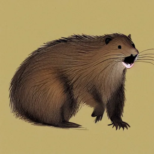 Image similar to a beaver in profile with a big tail and big front teeth, fluffy fur drawn concept art