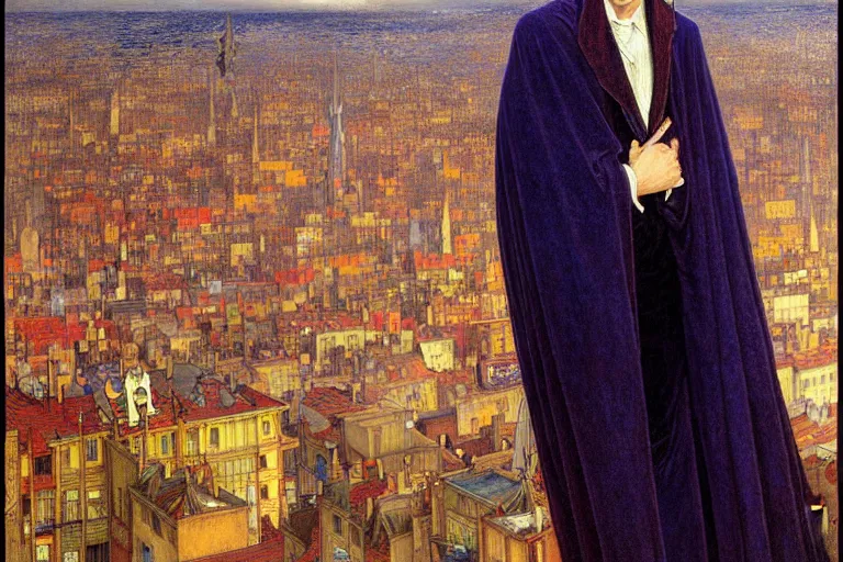 Image similar to realistic extremely detailed closeup portrait painting of an elegant blond male vampire in a cape, detailed crowded city street on background by Jean Delville, Amano, Yves Tanguy, Ilya Repin, Alphonse Mucha, William Holman Hunt, Ernst Haeckel, Edward Robert Hughes, Roger Dean, rich moody colours