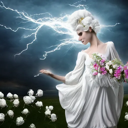 Image similar to a queen with a white large magnificent more and more vaporous ,wrapped ,hight decorated,detailed ,white roses cotton dress shooting surrounded by a bouquet of abstract white flowers and clouds during lightning storm ,surrealism 8k