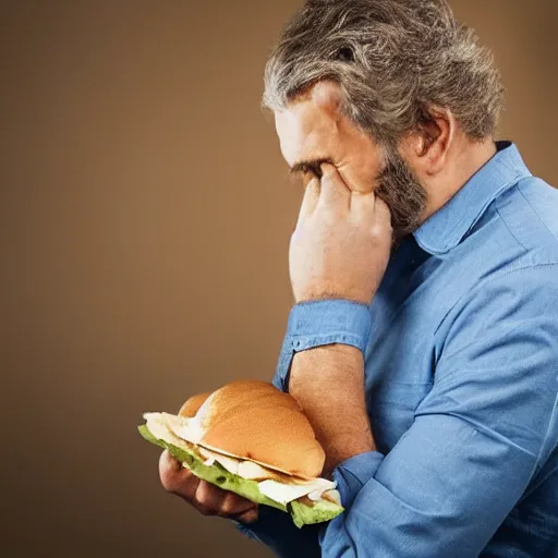 Image similar to a man eating the last sandwhich while looking sad, realistic photo,