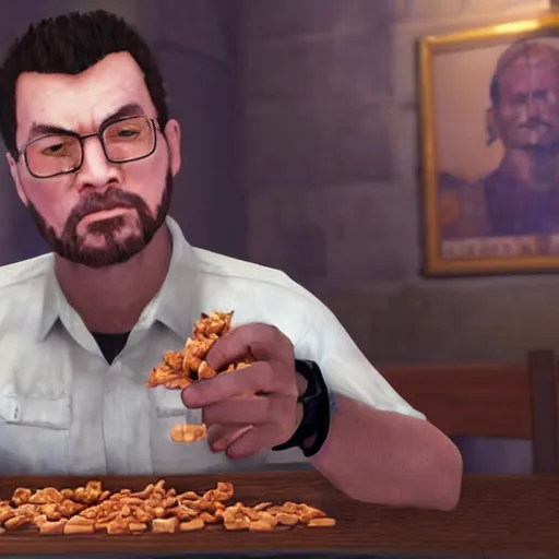 Image similar to jc denton from deus ex videogame eats cereal at a table near liberty island, high quality, photorealistic, highly detailed, 4 k, hd