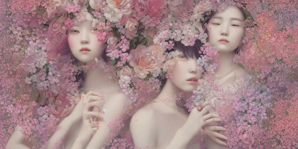 Image similar to breathtaking delicate detailed concept art painting pattern blend of flowers and girls, by hsiao - ron cheng, bizarre compositions, exquisite detail, pastel colors, 8 k