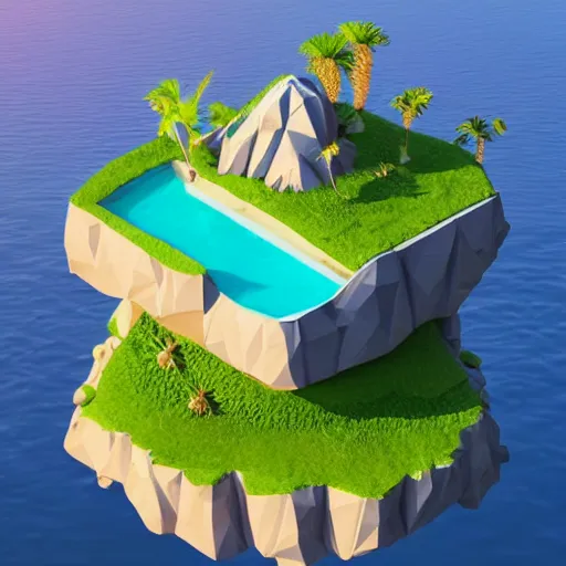 Prompt: a floating island on an ocean isometric art, low poly art, game art, artstation, 3D render, ultra detailed, cgsociety, unreal engine 5