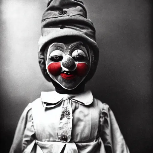 Image similar to clown ventriloquist doll smiling, ventriloquist dummy, photo, surrealistic, creepy, dark, epic, cinematic, style of atget, detailed