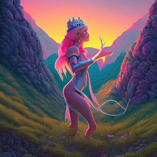 Image similar to ethereal cybernetic princess in the mountains, extremely detailed, sharp focus, wide view, full body shot, smooth, digital illustration, by lisa perrin!!!!, dan mumford, james jean, by rossdraws, frank franzzeta, sakimichan, gouache background