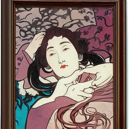 Prompt: a girl with a spider, colored woodcut, flat pastel colors, by Mackintosh, by Alfons Mucha, art noveau, by Hokusai