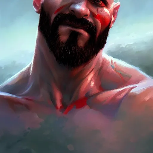 Image similar to kratos closeup portrait, dramatic light, lake background, 2 0 0 mm focal length, painted by stanley lau, painted by greg rutkowski, painted by stanley artgerm, digital art, trending on artstation