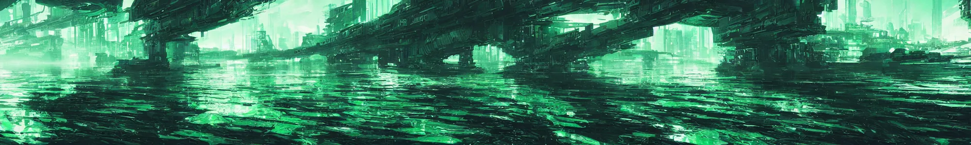 Image similar to reflective waves, cyberpunk texture, green coloring, by studio ghibli and greg rutkowski