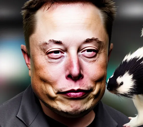 Prompt: elon musk face made of skunk animal, closeup detailed, tesla car, studio photo