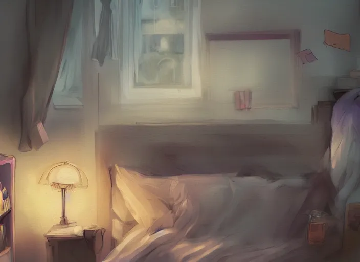 Image similar to placid gloomy dusk messy bedroom trending on pixiv