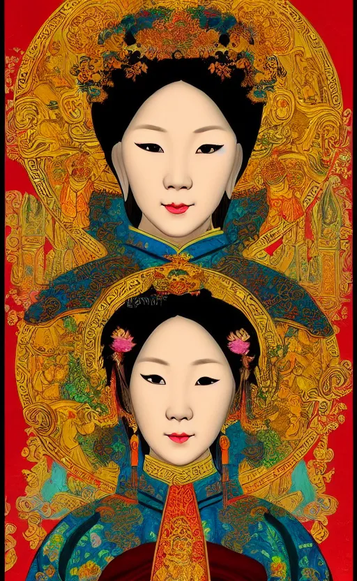 Prompt: an awesome vietnamese art of a lady in the style of a renaissance masters portrait, mystical and new age symbolism and tibetan book of the dead imagery, intricately detailed, 4 k