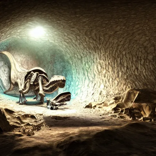 Image similar to photorealistic dinosaur skeleton inside a geode of crystals, volumetric lighting