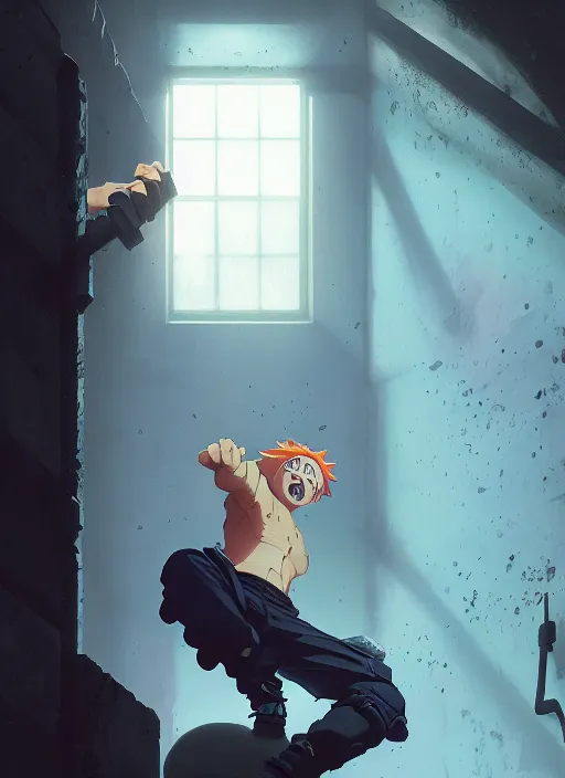 Prompt: highly detailed prison cell with naruto uzumaki with black hair, punching a wall, art by greg rutkowski, loish, rhads, ferdinand knab, makoto shinkai and lois van baarle, ilya kuvshinov, rossdraws, tom bagshaw, global illumination, radiant light, detailed and intricate environment