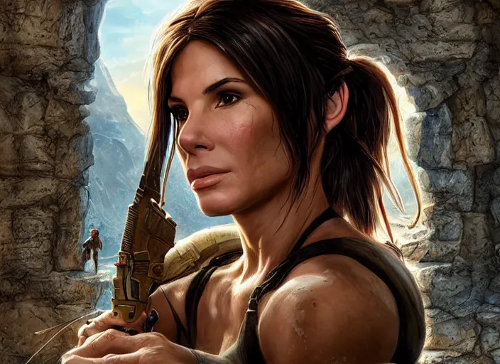 Image similar to face portrait of concentrated young Sandra Bullock as Lara Croft with pig-tails entering an incredible epic ruin, glorious sun beams, intricate, elegant, highly detailed, digital painting, short focus, illustration, Allan Lee, John Howe