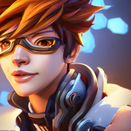 Prompt: tracer from overwatch, character portrait, close up, concept art, intricate details, highly detailed photorealistic in the style of marco plouffe keos masons