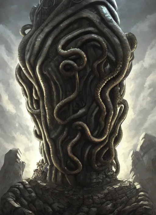 Prompt: megalophobia man looking up at a gigantic tentacle monster coming from a stone statue face in the wall, detailed dynamic composition, dramatic lighting, trending on artstation, award winning art, stylized painting, by artgerm and greg rutowski dungeons and dragons