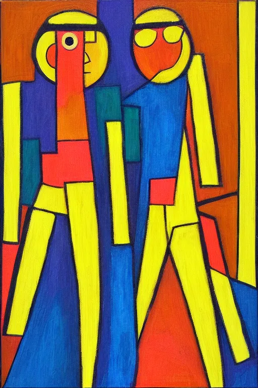 Image similar to neo cubistic painting of two tall figures, sandy yellow muted colors, in the style of Jessalyn Brooks