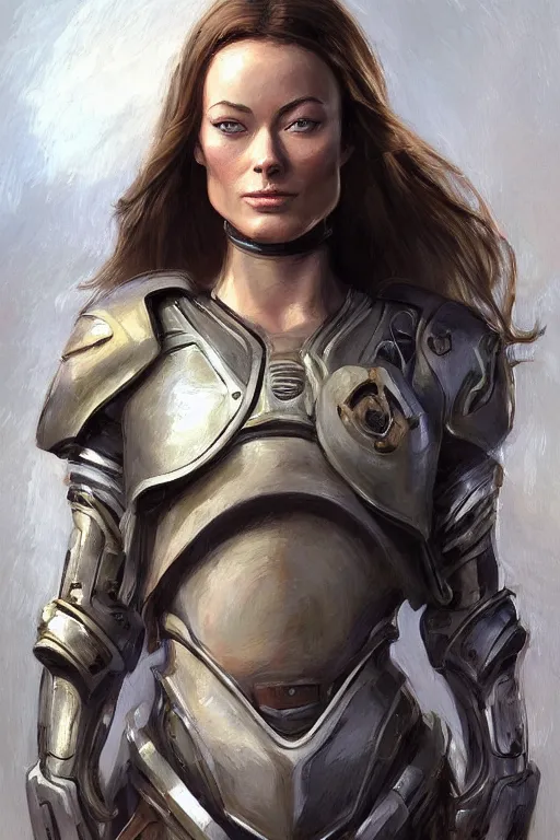 Image similar to a professional painting of a young Olivia Wilde, clothes in military armor, olive skin, long dark hair, beautiful bone structure, symmetrical facial features, intricate, elegant, digital painting, concept art, smooth, sharp focus, illustration, from StarCraft by Ruan Jia and Mandy Jurgens and Artgerm and William-Adolphe Bouguerea