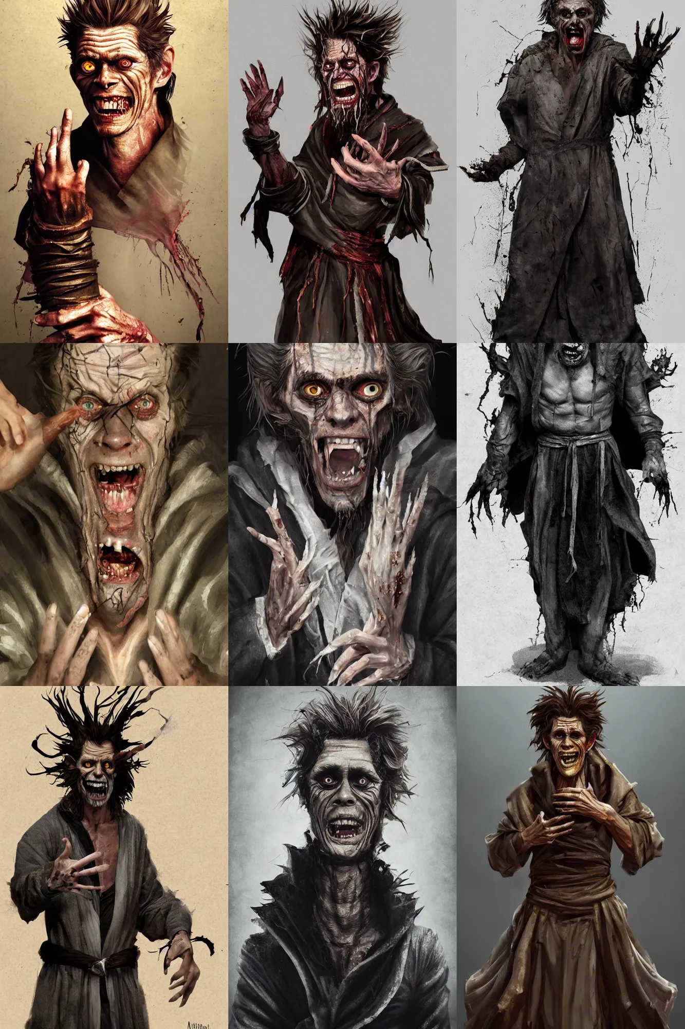 Prompt: A deranged filthy man looking like Willem Dafoe wearing long dark damaged ripped robes showing an magic scroll, spell scroll, long fingernails, unclipped fingernails, sharp fingernails, focus on face, sharp focus, digital painting, trending on artstation, concept art, fantasy, medieval, D&D