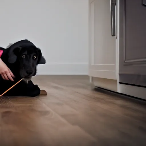 Image similar to Photo of my stupid niece laying in the kitchen floor playing with a string on her hoodie, next to a black dog, HDR, 4k, 8k, photo, early 2000s