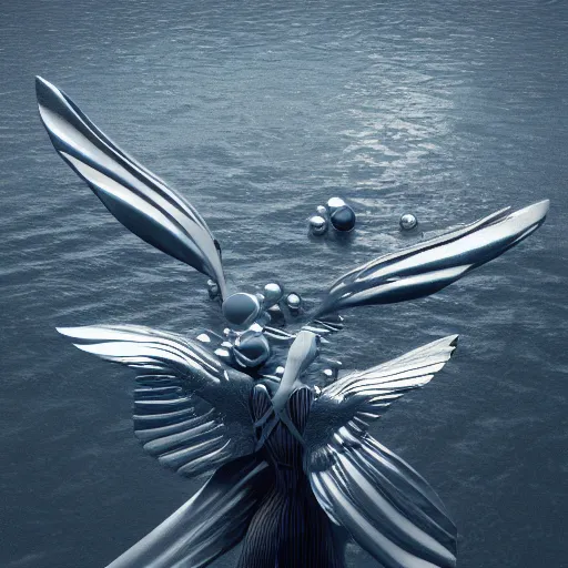 Image similar to sweet silver angels over the sea, octane render