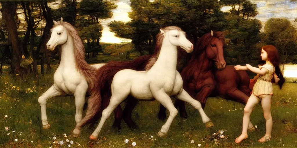 Image similar to 3 d precious moments plush horse, realistic fur, master painter and art style of john william waterhouse and caspar david friedrich and philipp otto runge