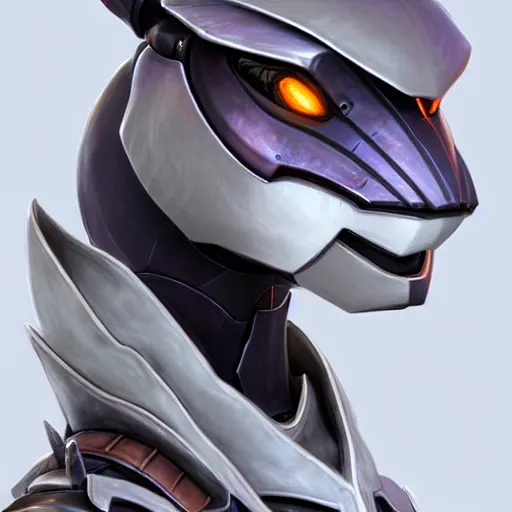 Image similar to close up bust of a cute stunning robot anthropomorphic female dragon, with sleek silver armor, a facial visor over the eyes, detailed digital art, furry art, anthro art, sci fi, warframe art, destiny art, high quality, 3D realistic, Furaffinity, Deviantart