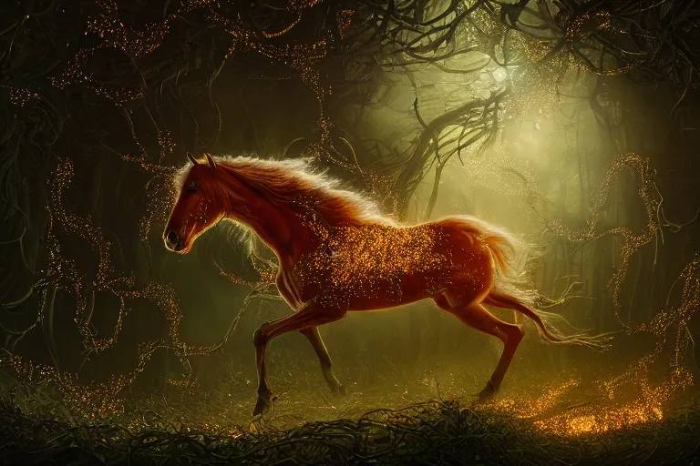 Image similar to a stunning horse completely made of fireflies with a thick mane of bioluminescent vines and flowers running through the woods by greg rutkowski, high key lighting, volumetric light, digital art, highly detailed, fine detail, intricate, ornate, complex, octane render, unreal engine, photorealistic