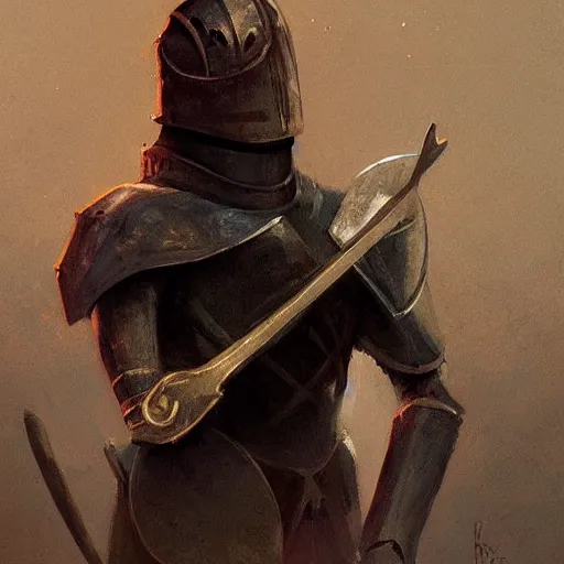 Image similar to a knight with a big spoon and a big fork in hands by greg rutkowski