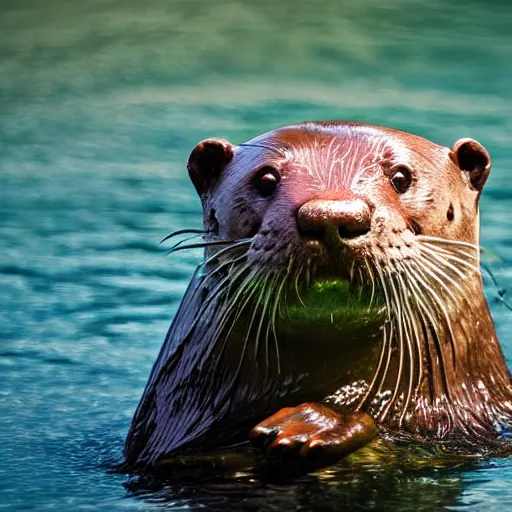 Image similar to One man swimming alongside a lone otter in the river. Award-winning, front view, daylight, photoreallrstic, 4k