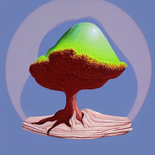 Image similar to a tree growing from a crystal rock floating in space, by roger dean