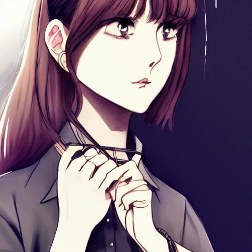 Image similar to portrait of a girl with short brown hair, wearing a white blouse and black choker, smoking a cigarette, drawn by WLOP, by Avetetsuya Studios, attractive character, colored sketch anime manga panel, unsaturated, dull colors, trending on Artstation